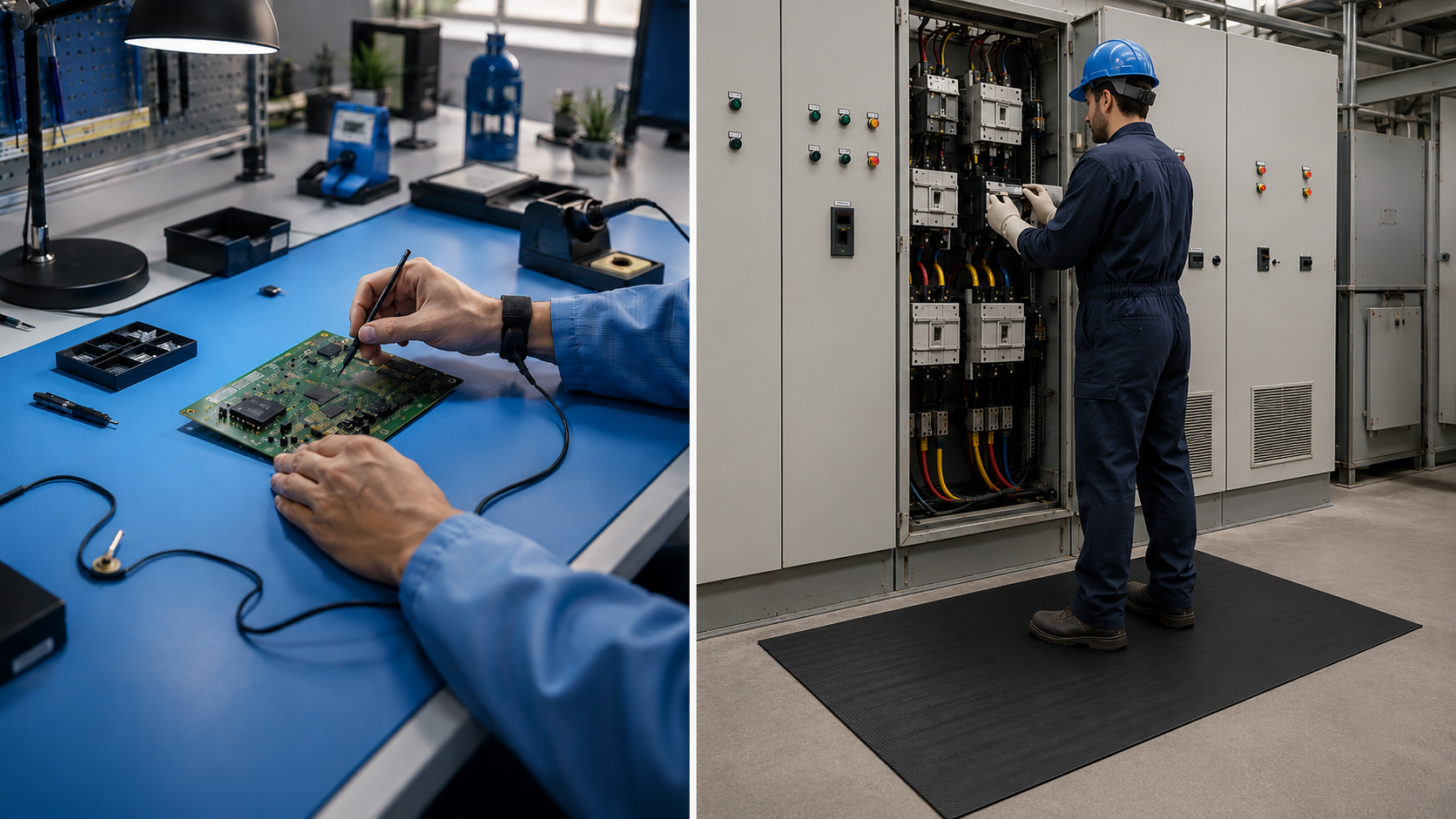 Split image comparing ESD matting at an electronics workstation with electrical insulation matting in front of a switchboard.