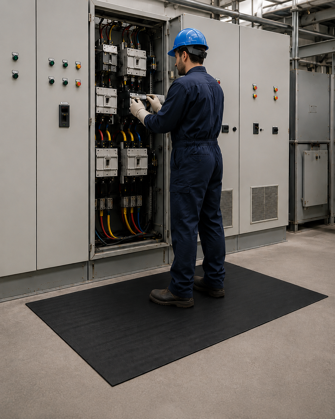 Electrician wearing protective equipment stands on black electrical insulation matting while inspecting an open industrial switchboard.