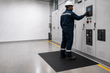 Industrial worker standing on an electrical insulation mat while operating a switchboard in a control room.