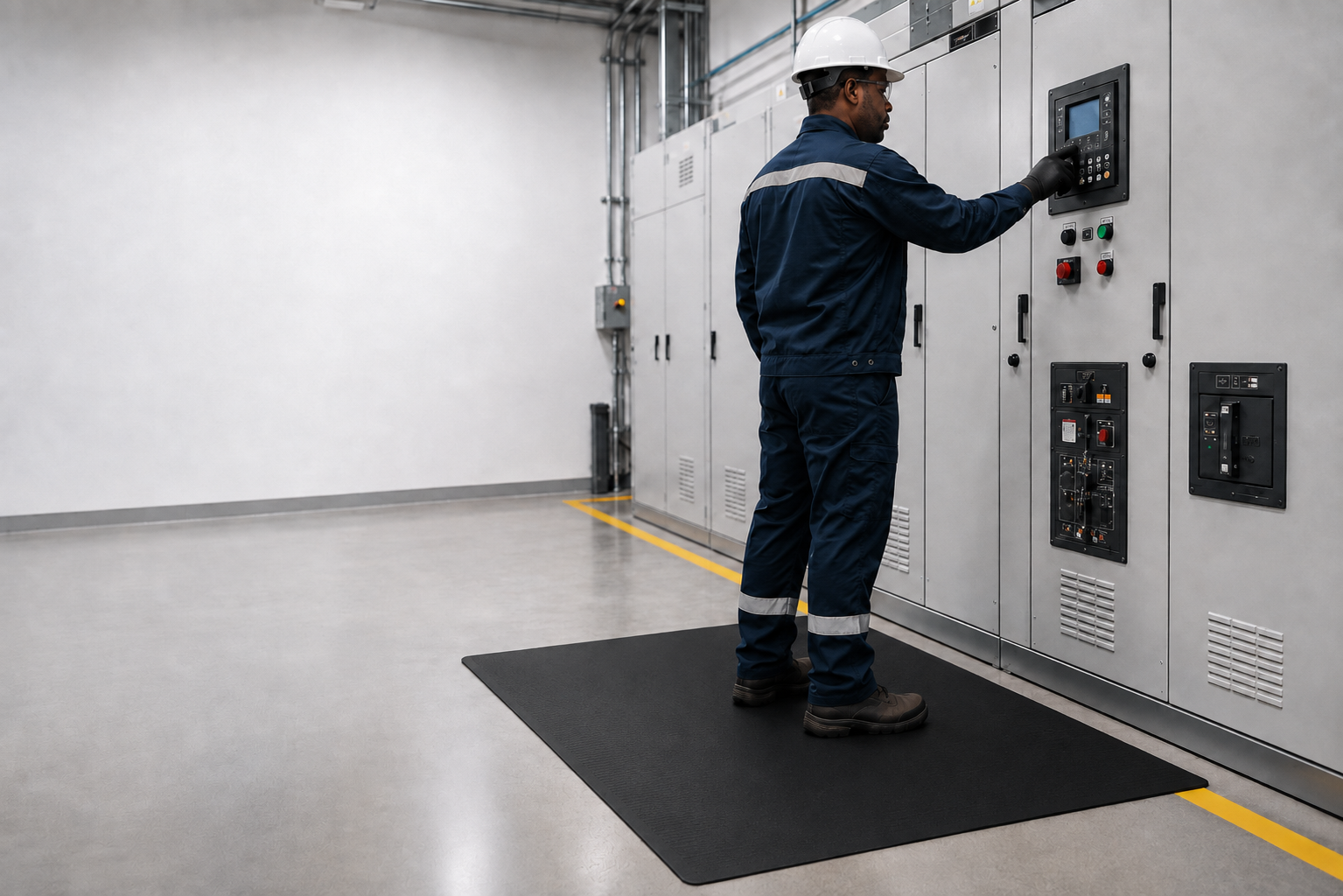 Industrial worker standing on an electrical insulation mat while operating a switchboard in a control room.