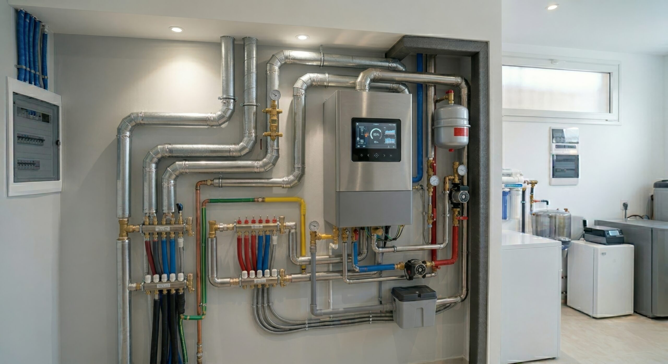 Industrial utility room with electrical controls, pipework and building service equipment.