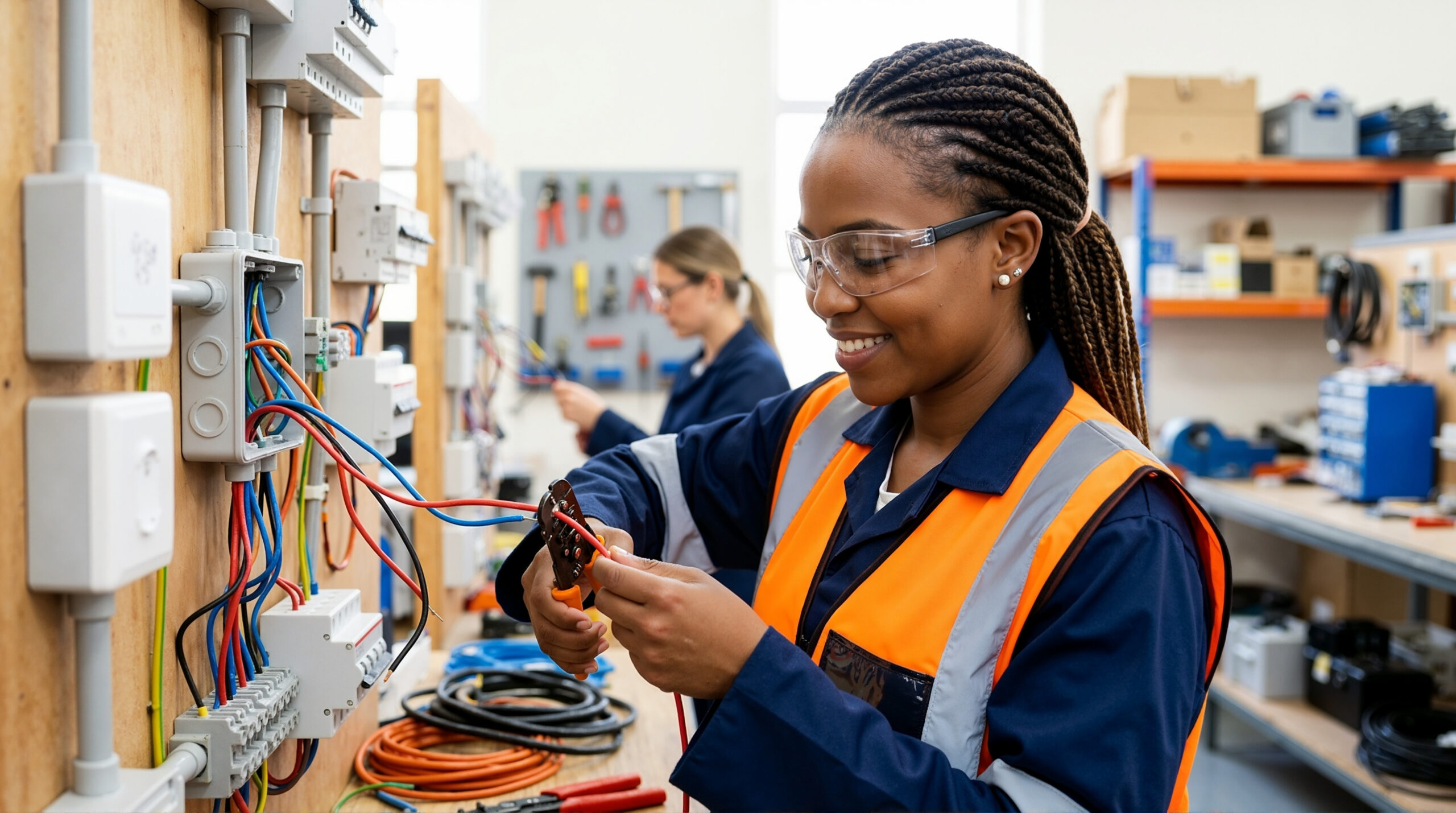 Female electrical technician wearing safety glasses and high-visibility PPE while working on electrical wiring.