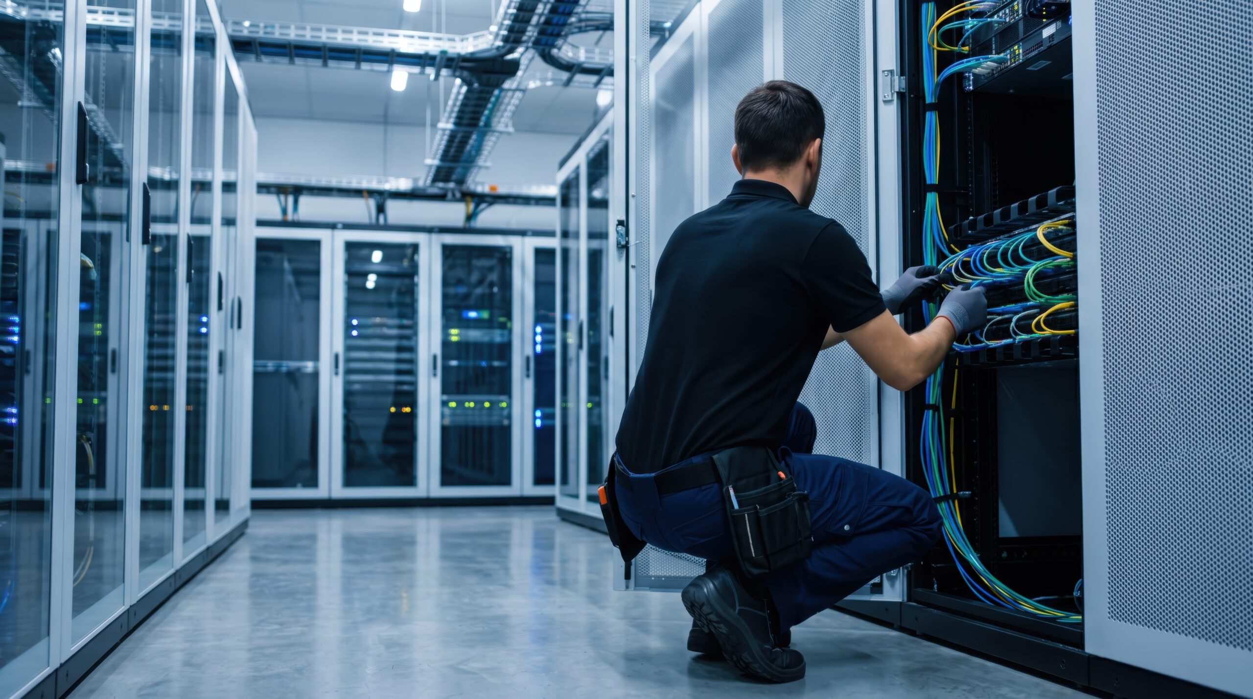 Technician working on network cables in a modern data centre server room.