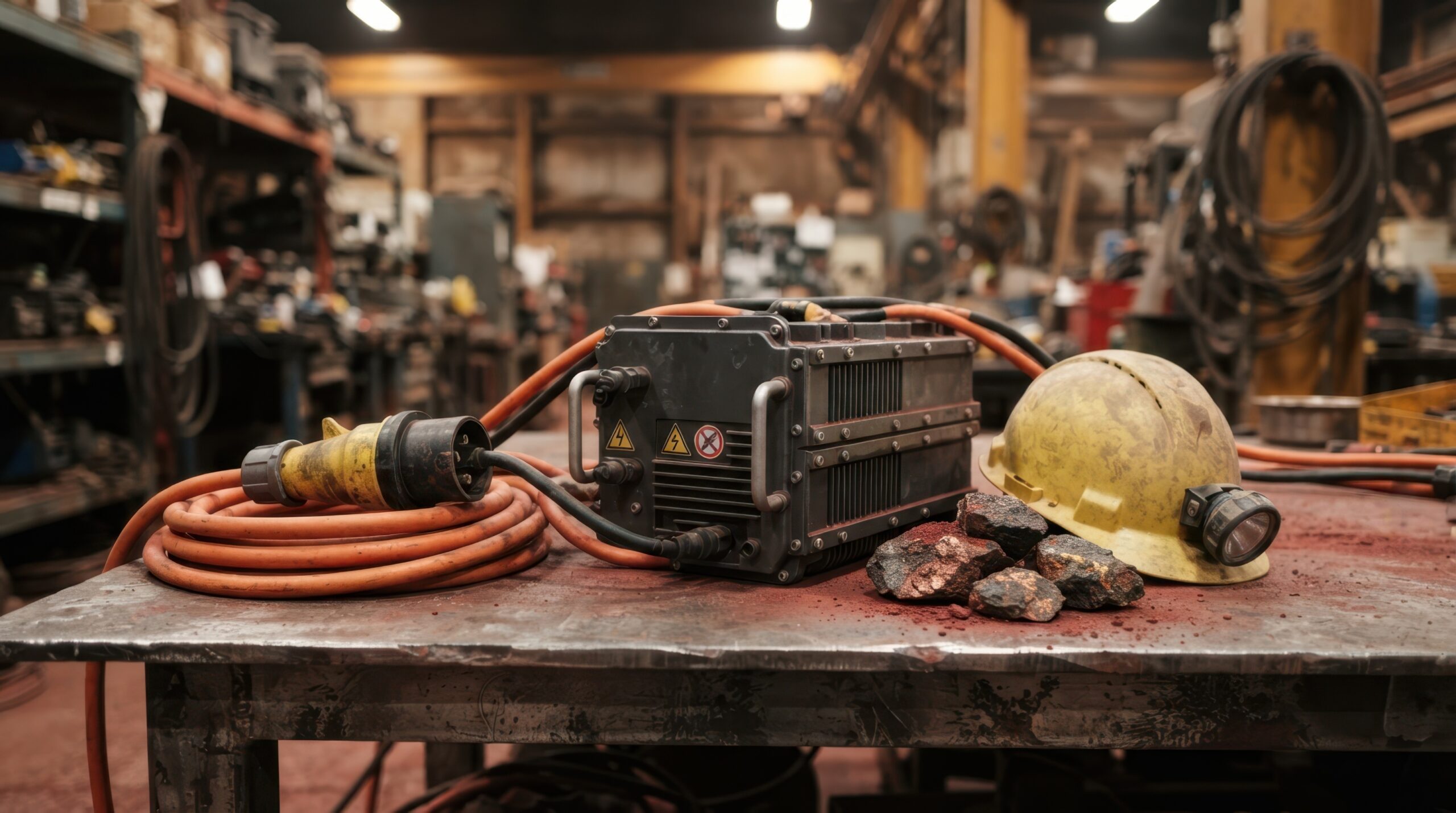 Electrical equipment, cables and a safety helmet on a workbench in an industrial workshop.