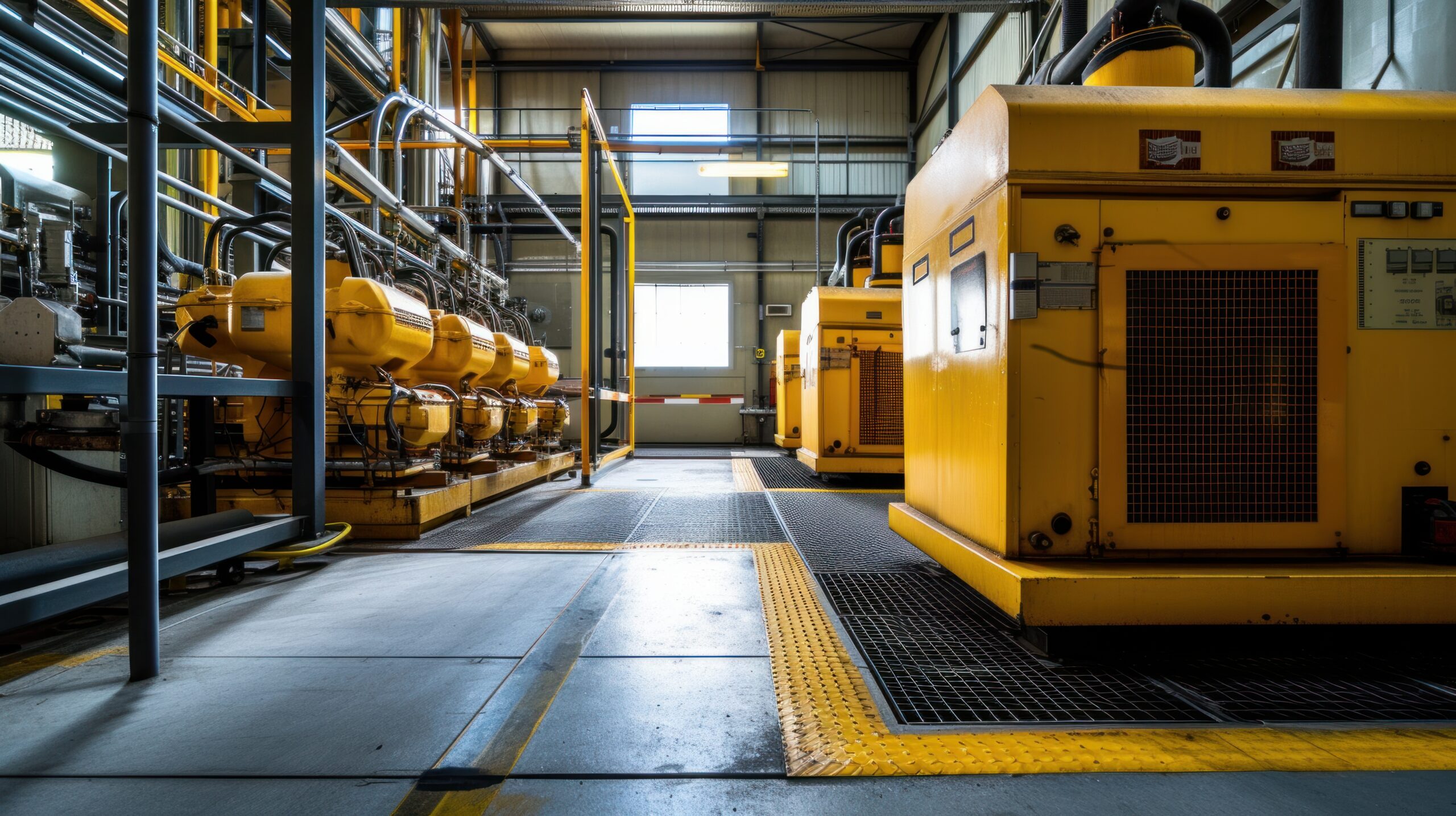 Industrial generator room with large electrical equipment, pipework and designated access walkways.