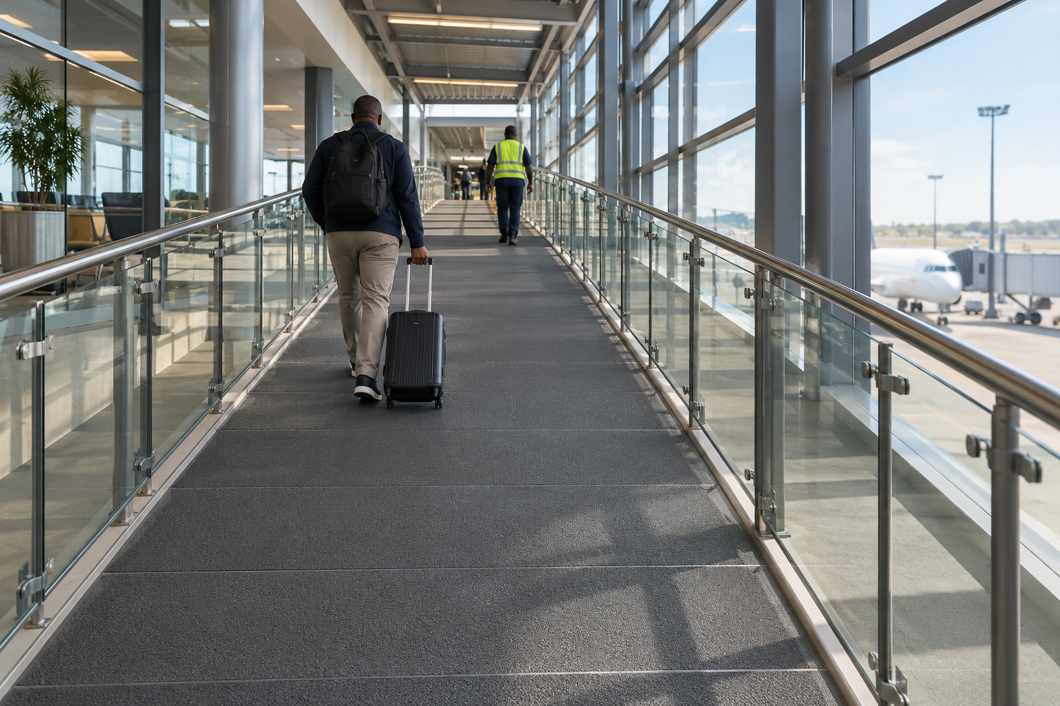 Airport access ramp fitted with dark grey GRP anti-slip sheets, with travellers pulling wheeled luggage and an aircraft visible in the background.