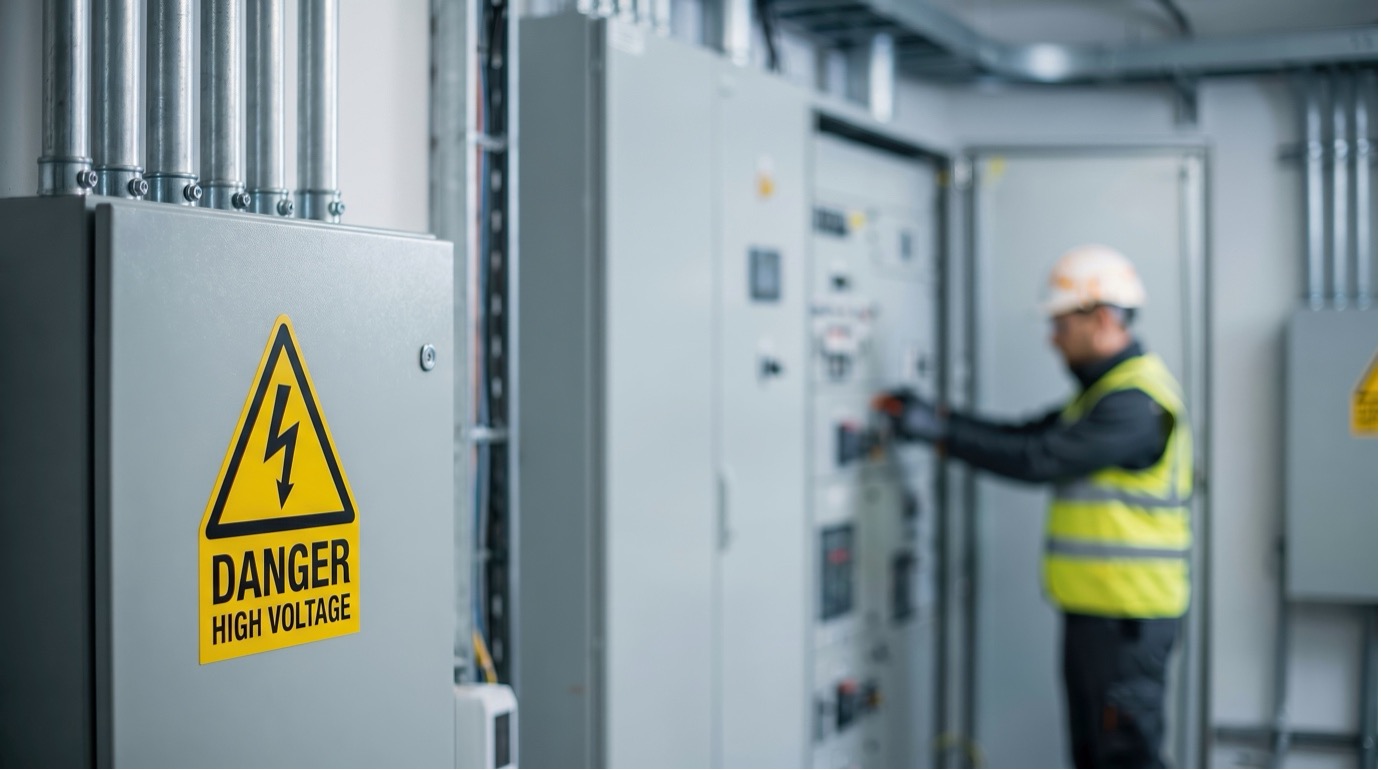 High-voltage electrical panel with warning signage and a technician working on electrical equipment in the background.