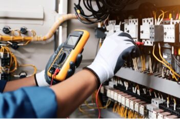 Technician working at an electrical control panel with electrical insulating matting positioned in front of the equipment.
